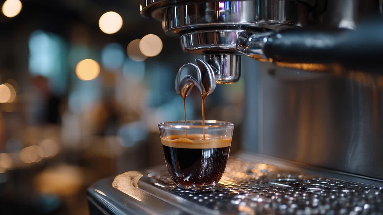 Ricco espresso gocciola in una tazza trasparente. La macchina fumante luccica sotto una calda illuminazione. Un morbido bokeh evidenzia l'atmosfera accogliente del caffè. Il momento della preparazione è calmo e invitante. Perfetto per branding, lifestyle.