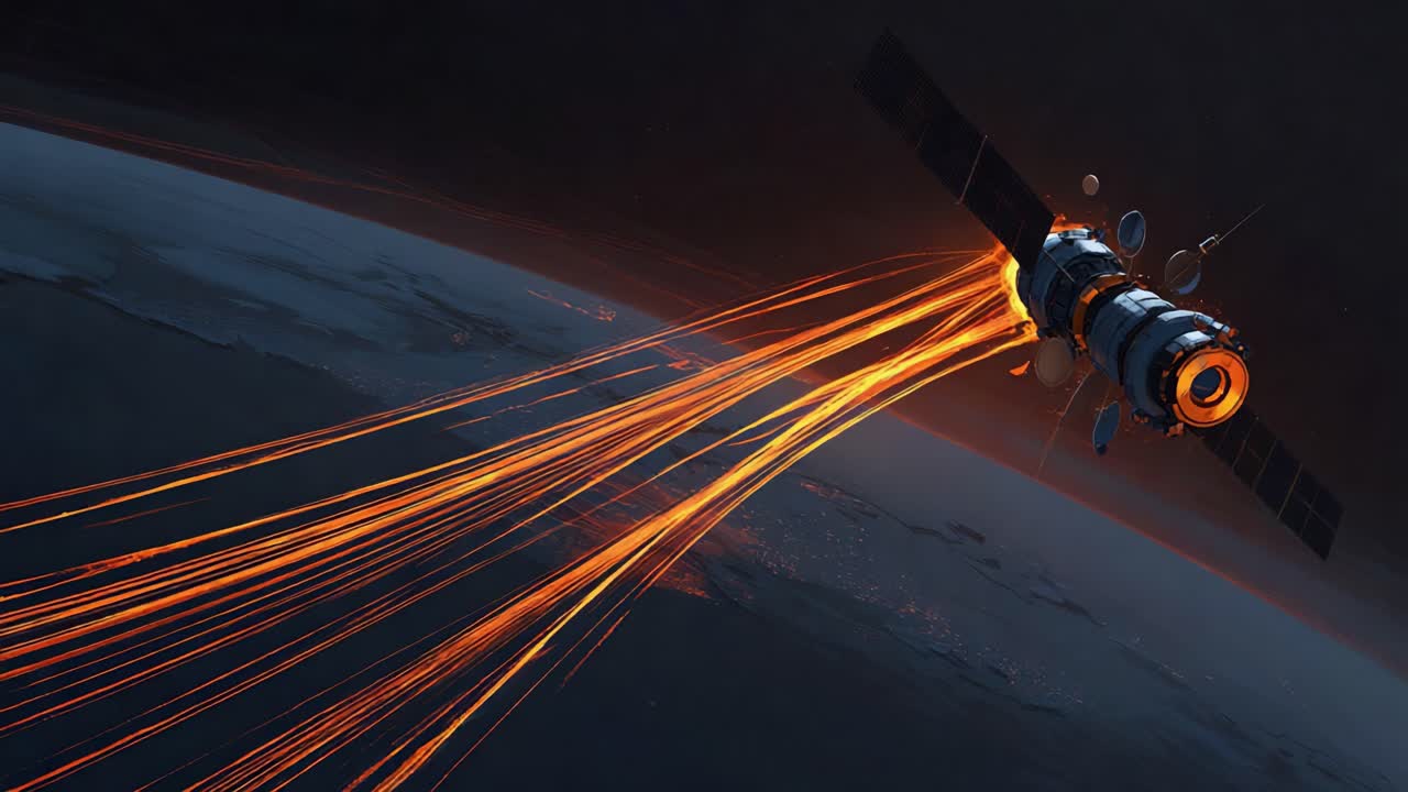Futuristisk satellit, der flyver i kredsløb over planeten Jorden og indsamler og transmitterer datastrømme repræsenteret af glødende orange lysspor fra de byer, der er synlige på overfladen om natten