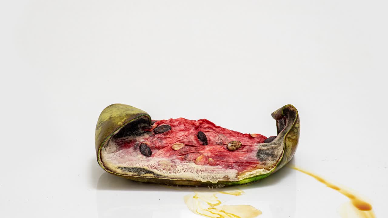 un pedazo de sandía madura podrida sobre un fondo blanco, lapso de tiempo, video cognitivo educativo