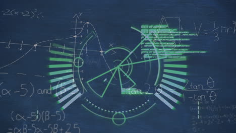 animatie van een ronde scanner, wiskundige vergelijkingen, gegevensverwerking tegen blauw krijtbord