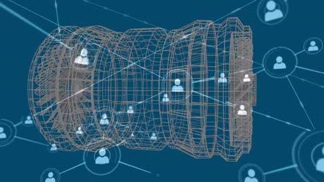 Netzwerk-Von-Profilsymbolen-Vor-3D-Zylinderform,-Die-Sich-Auf-Blauem-Hintergrund-Dreht