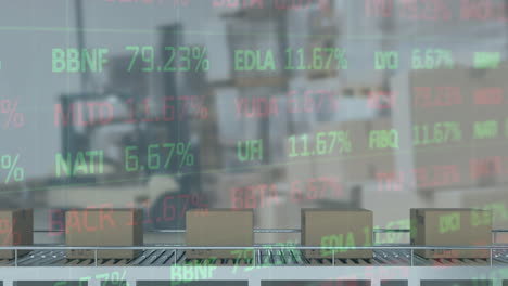 обработка данных фондового рынка по нескольким коробкам доставки на конвейерной ленте против склада