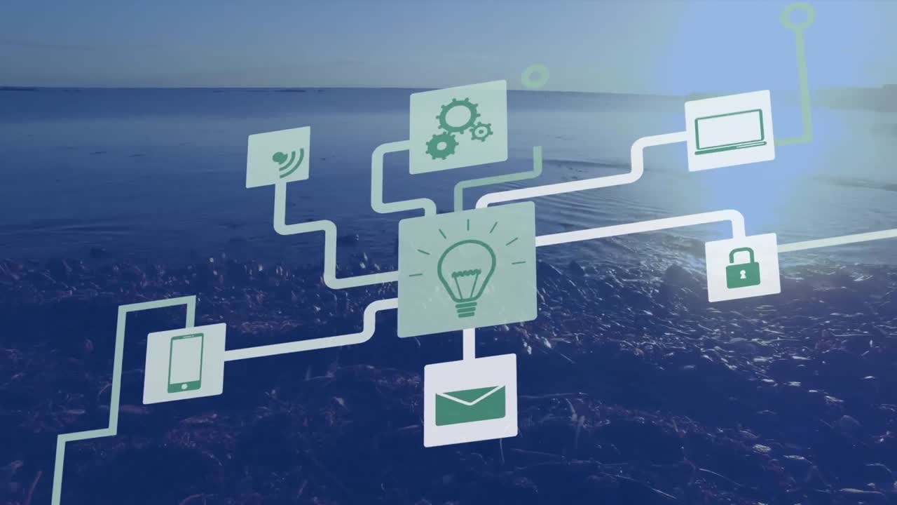 animación de iconos tecnológicos sobre el paisaje urbano y el paisaje marino al atardecer