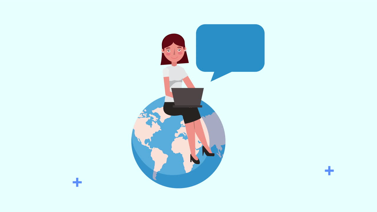 joven mujer de negocios usando una computadora portátil sentada en el planeta