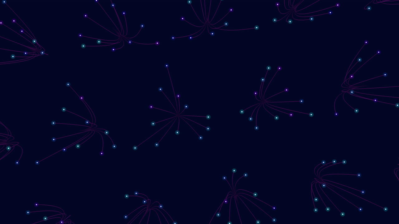 A grid of interconnected purple and blue lines with white dots, creating a complex network against a dark background, showcasing an intricate and interconnected system
