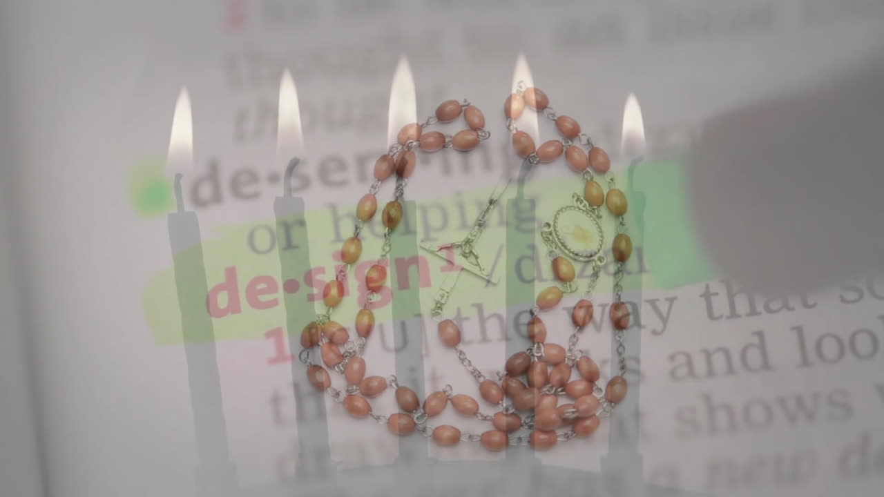 Burning candles with rosary beads creating spiritual ambiance over highlighted text
