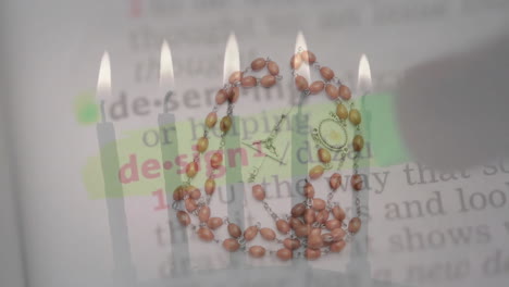 burning candles with rosary beads creating spiritual ambiance over highlighted text