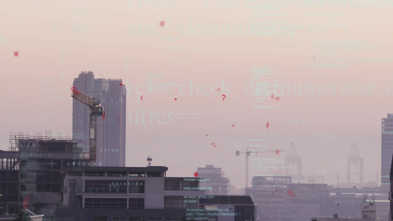Dawn causing red symbols forming sliding above city yellow crane idling HUD text showing site data