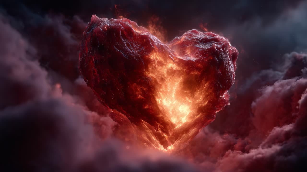 A Vibrant Eruption of Emotion: A Heart Shaped Formation Bursting with Fiery Lava and Surrounded by Volcanic Clouds, Symbolizing Passion and Intensity in Abstract Art
