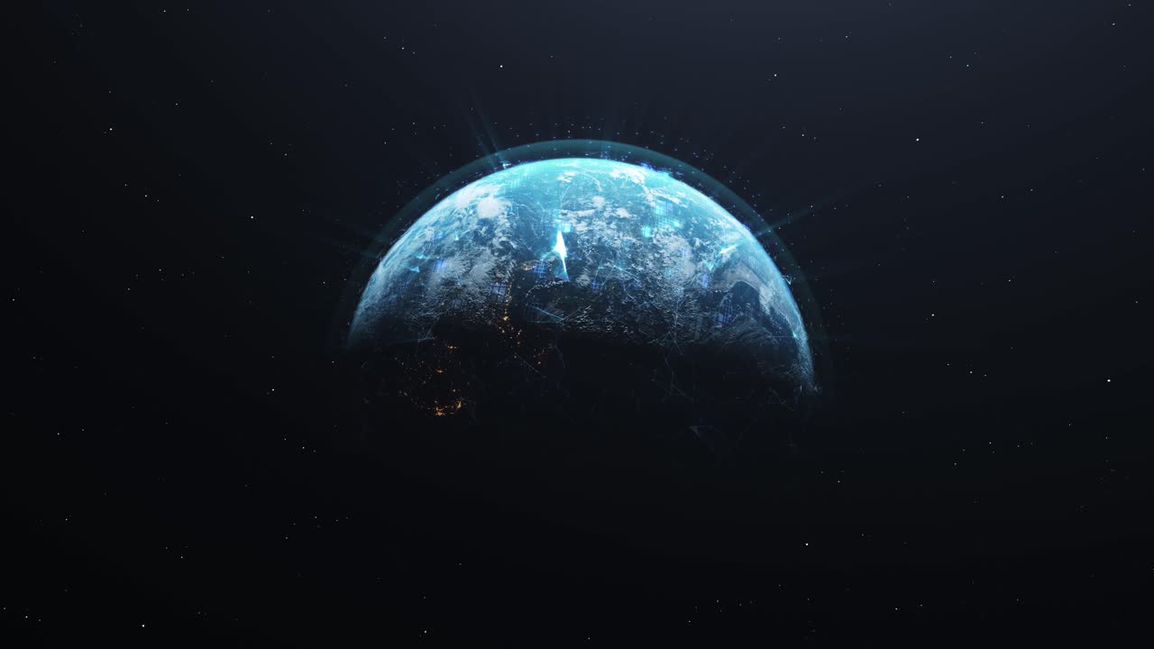 Zoom-out Vista Of Half-shadowed Earth With Network Of Digital Links Connecting Artificial Satellites