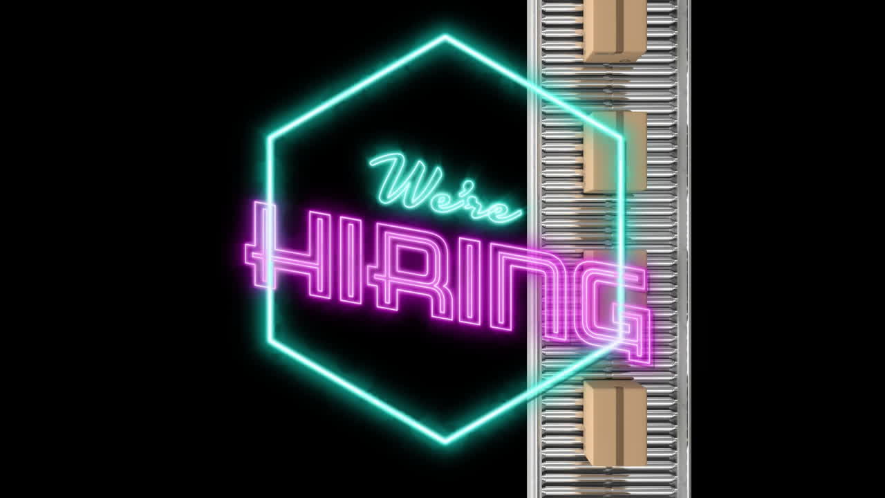 animación de "estamos contratando" texto de neón y cinta transportadora sobre fondo negro