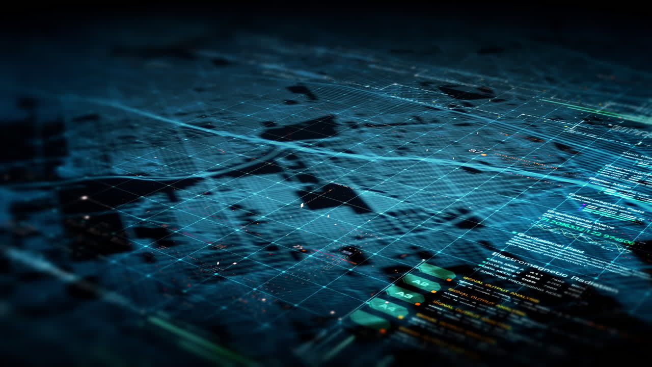 Futuristic abstract de-focus flowing data matrix, meta, metaverse, telemetry and encrypt numbers display with particles simulation in cyber space environment for head up display background