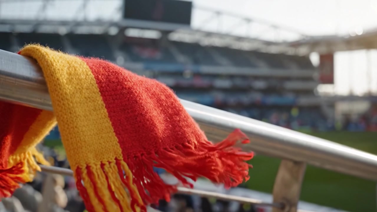 Et levende skjerf pryder stadionrekkverket, som symboliserer lidenskapelig støtte til spillet mens fansen venter på den kommende kampen
