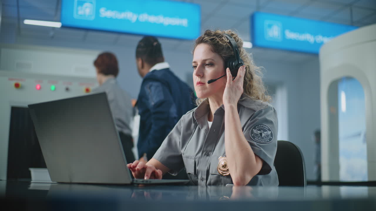 oficial de seguridad del aeropuerto trabajando en el puesto de control