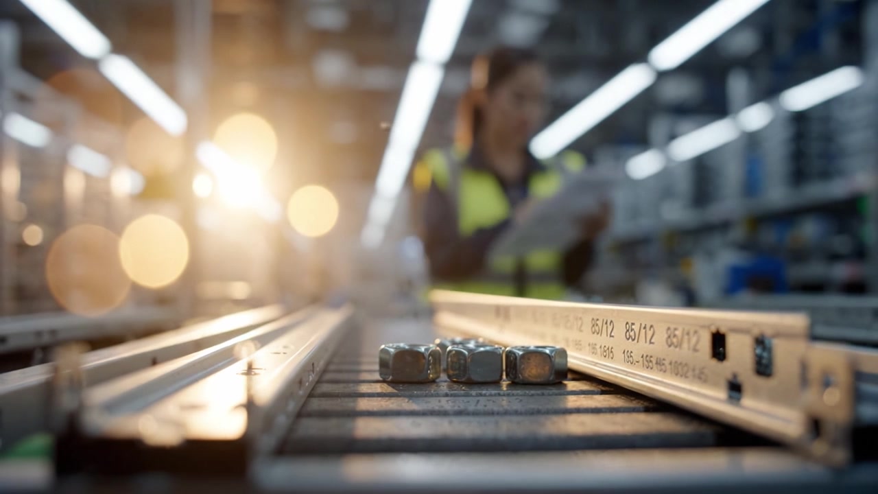 Fokus på industriell monteringslinje med arbetare som håller papper och metalldelar, framhävt bland stark belysning och verktyg i bakgrunden.