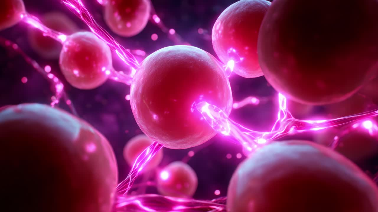 Exploring the Microscopic World: Intricate Structures of Cells and Their Interconnected Networks, Showcasing Vibrant Pink Cords Representing Biological Activity and Energy Transmission