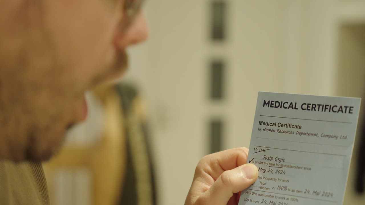 Un uomo tossisce mentre tiene in mano un certificato medico. Concetto di malattia, congedo per malattia, salute sul posto di lavoro, sintomi respiratori e documentazione medica