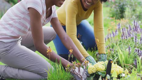 retrato de una madre y una hija afroamericanas sonrientes jardineras juntas en un jardín soleado