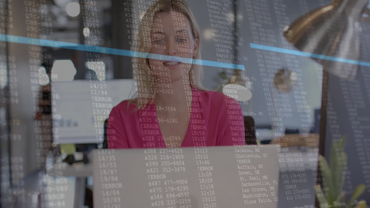 Animation of financial data processing over smiling caucasian businesswoman in office
