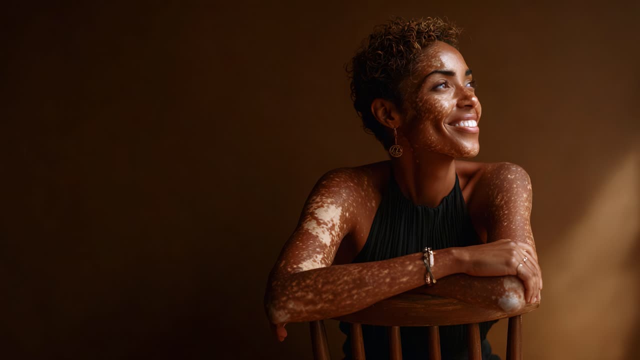 A radiant woman with beautiful skin features smiles joyfully while seated on a chair, showcasing her unique beauty in soft, natural lighting against a warm background