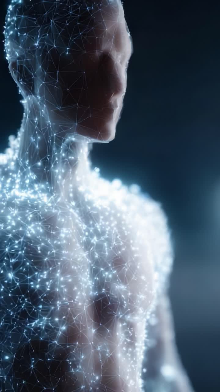 Um vislumbre do futuro: explorando a fusão perfeita de tecnologia e humanidade com uma figura humana digitalizada e brilhante cercada por uma rede cósmica