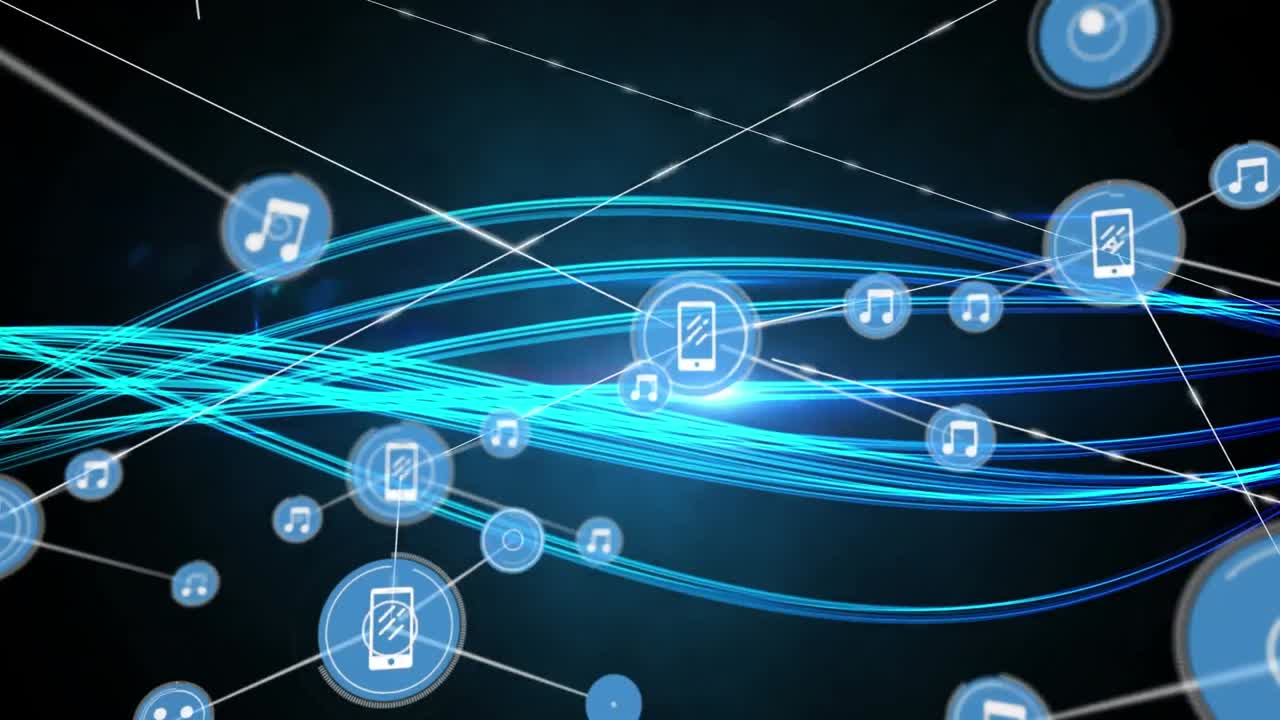 Animation of network of digital icons and blue glowing light trails against black background