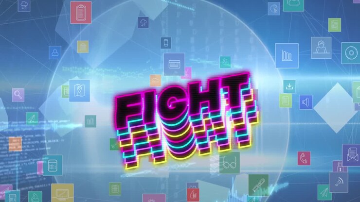 Animazione del testo 'fight' e di icone multimediali su sfondo blu.