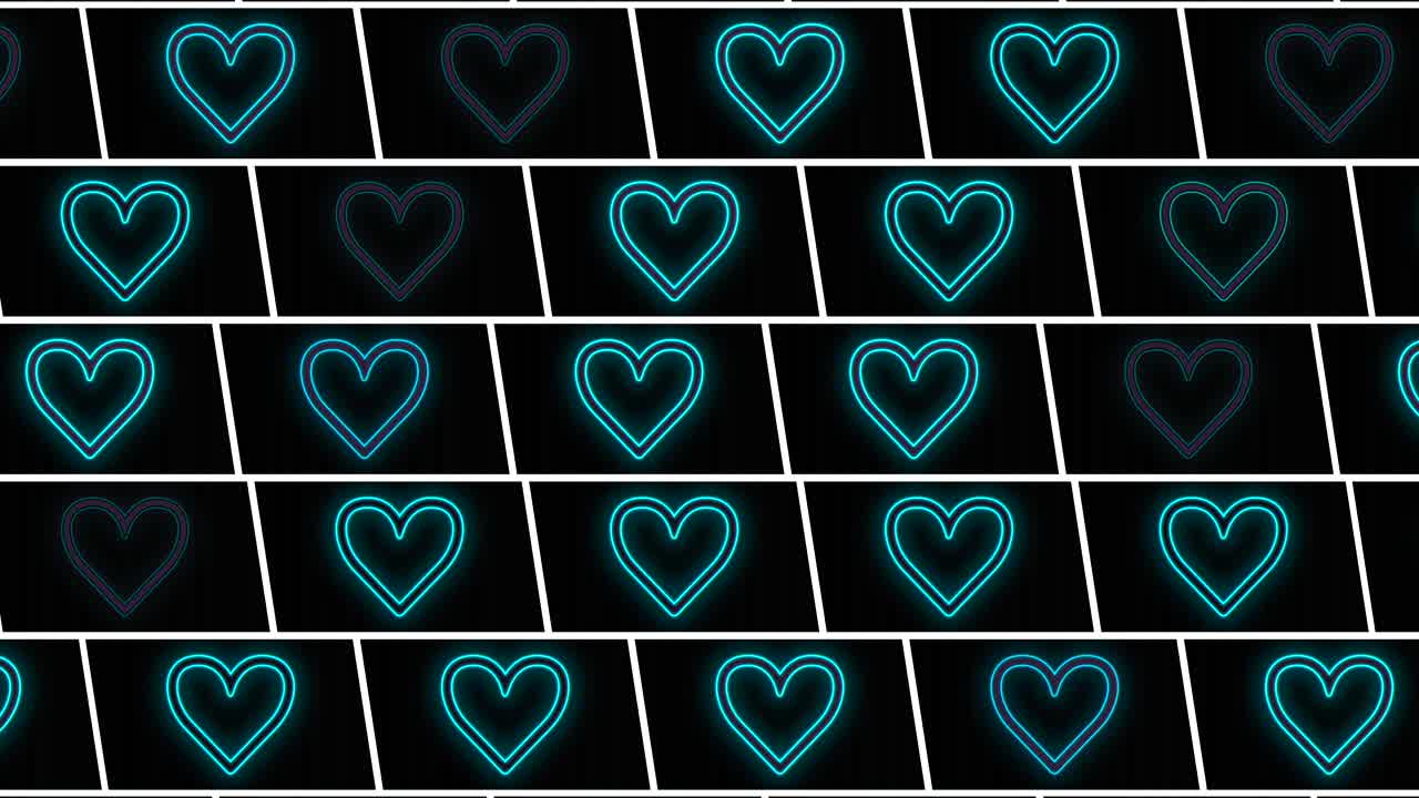 Pulsing neon romantic hearts in rows on black gradient