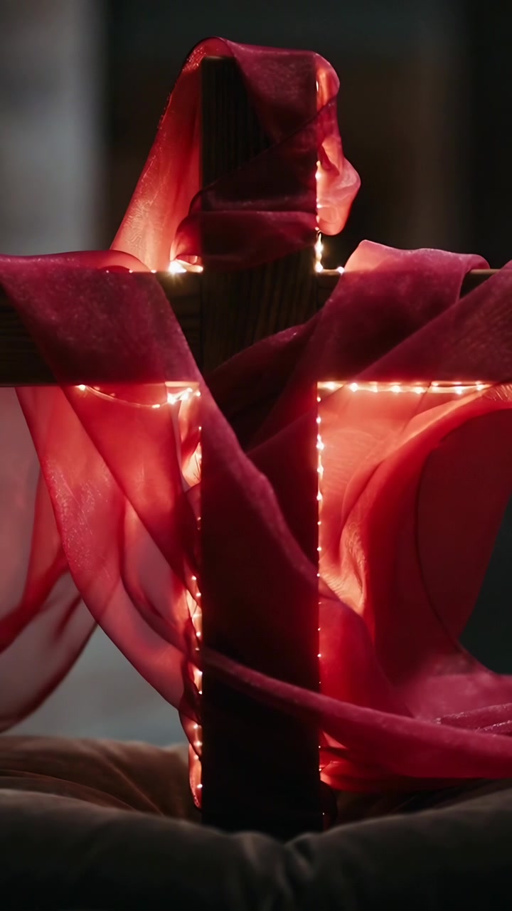 Vertical video: Showing wooden cross draped in red scarf as breeze lifting fabric, LEDs on dark pad
