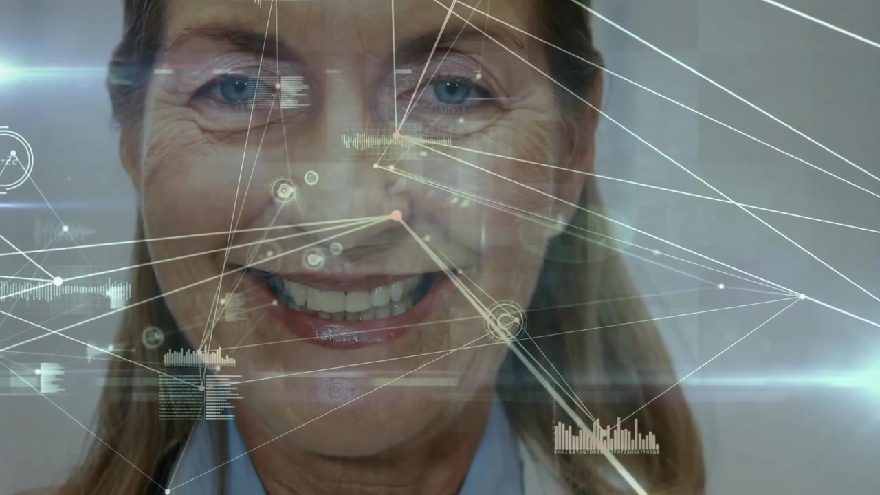 Senior doctor smiling while camera rising, HUD aligning over lab coat, showing medical data