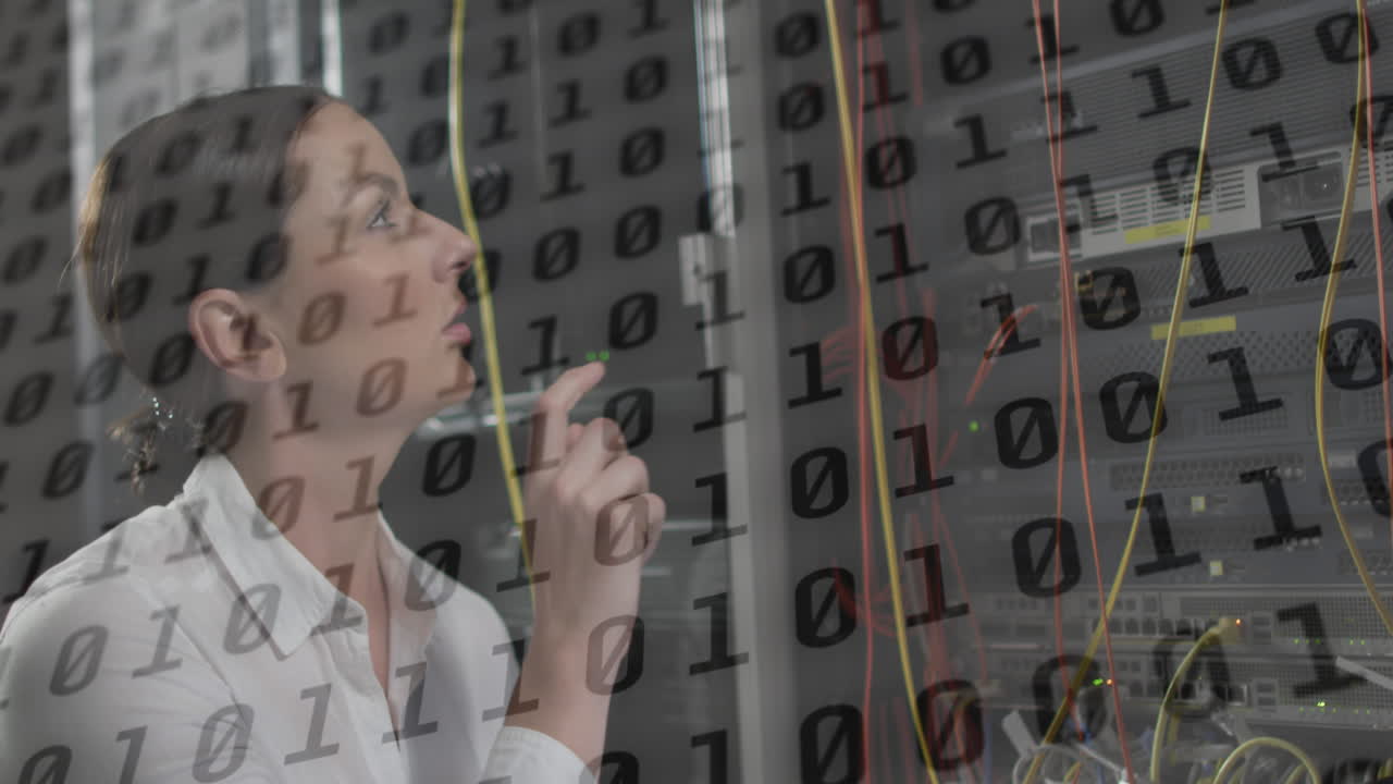 Animation of data processing over caucasian female worker in server room