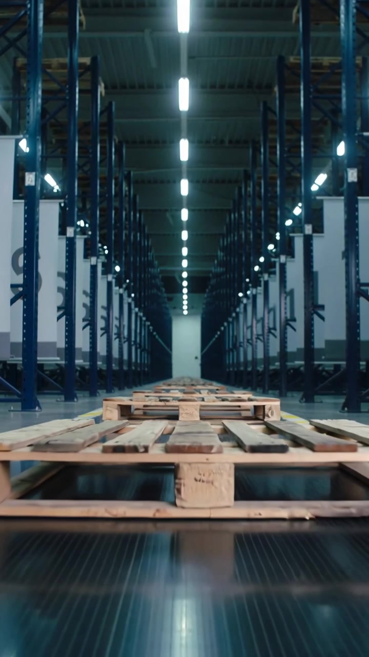 Video verticale: Nastro trasportatore che inizia a spingere un pallet di legno in avanti lungo il corridoio del magazzino per lo stoccaggio.