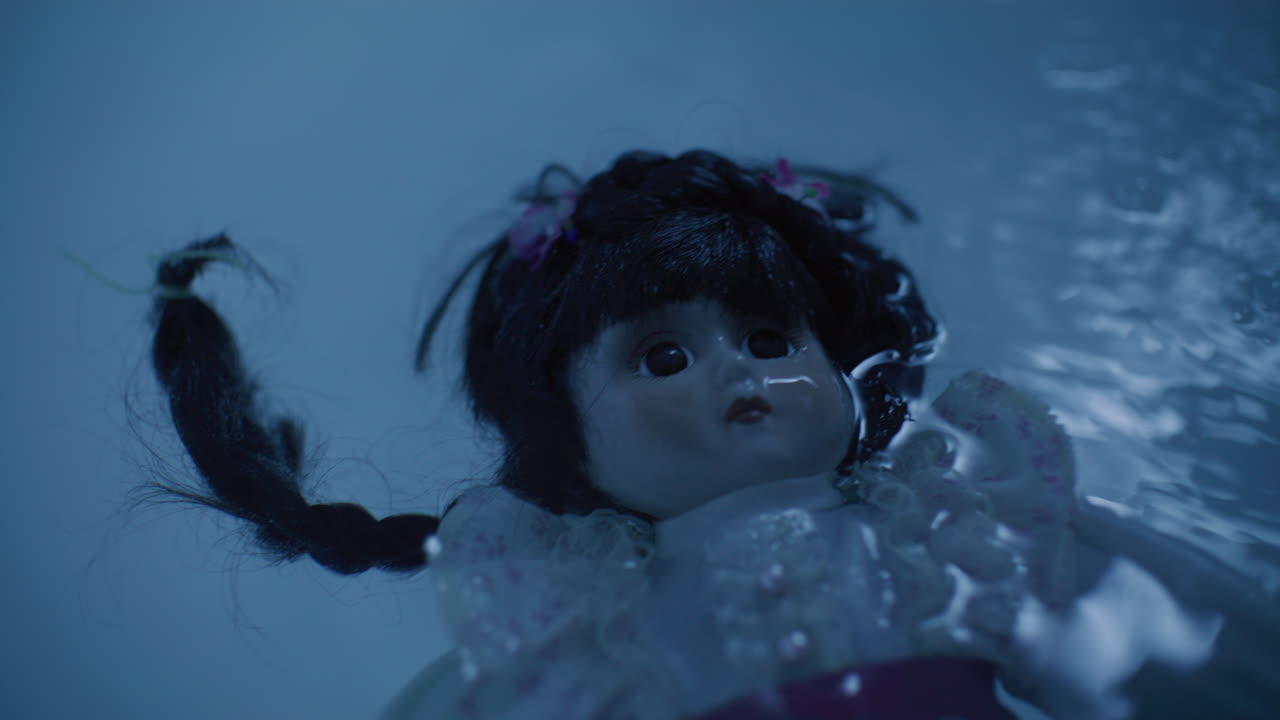 Uma boneca de porcelana flutuando na água