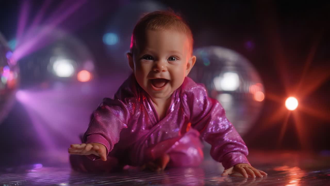 Gla baby i glitrende antrekk som kryper på dansegulvet omgitt av fargerike discolys og reflekterende kuler, som fanger essensen av moro og feiring