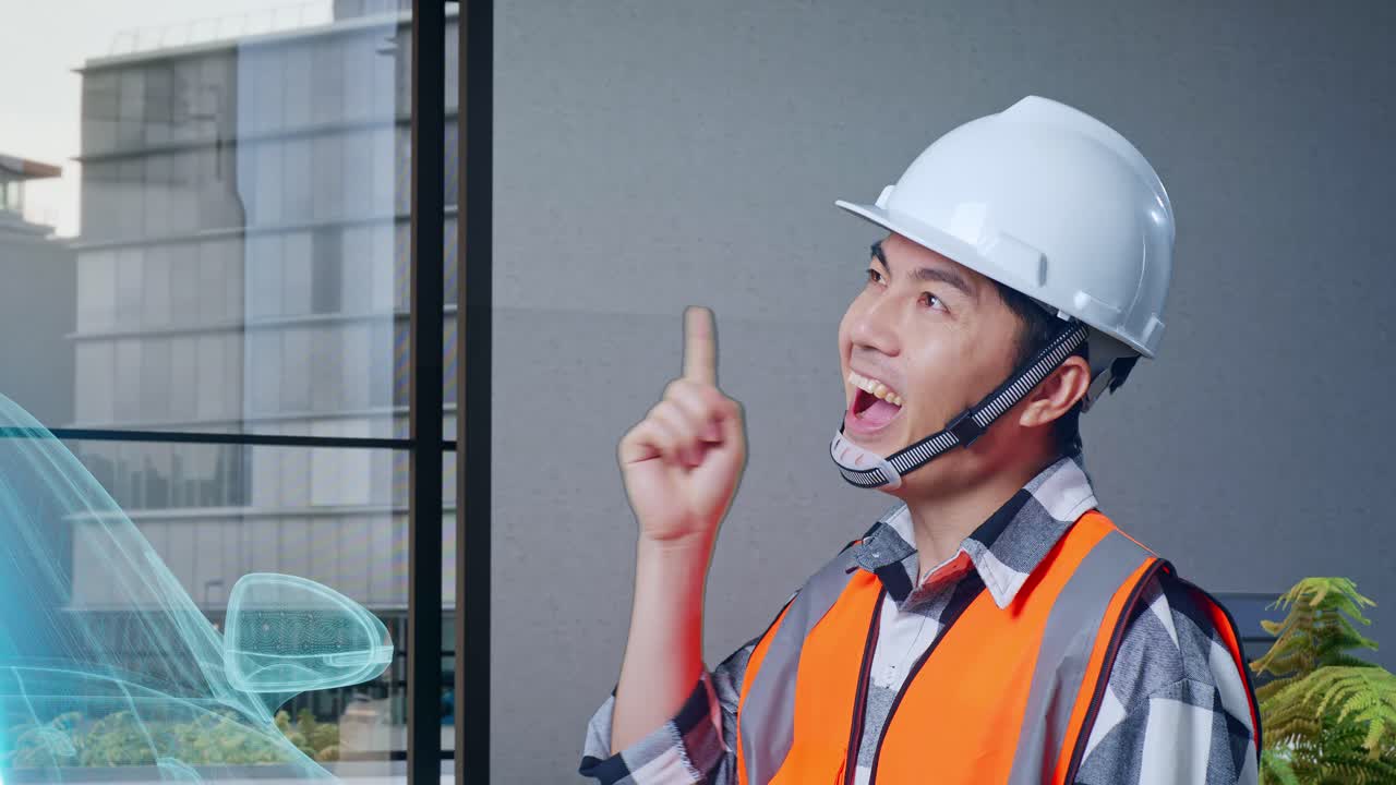 안전 헬을 입은 아시아 남성 엔지니어가 생각하고 주위를 둘러보며 지표손가락을 올리며 전기 차량, 첨단 산업 시설의 개념과 함께 서 있습니다.