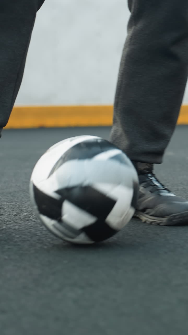 vista de la pierna de un hombre que controla hábilmente una pelota de fútbol con movimientos precisos de los pies en la arena deportiva, mostrando coordinación atlética y enfoque, el fondo incluye una barrera amarilla y una clara, urbana