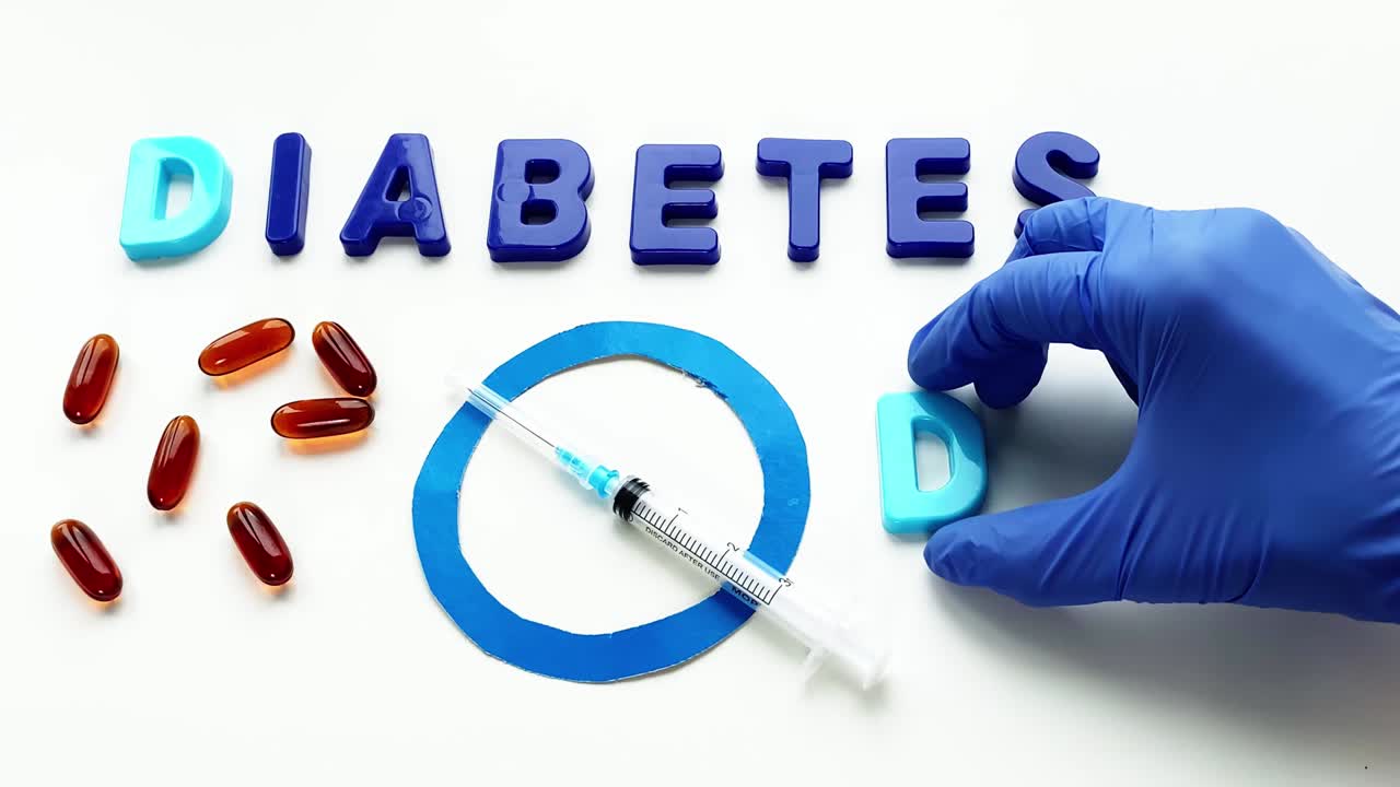 Scritta Giornata del Diabete. Cerchio blu, farmaci e siringa.