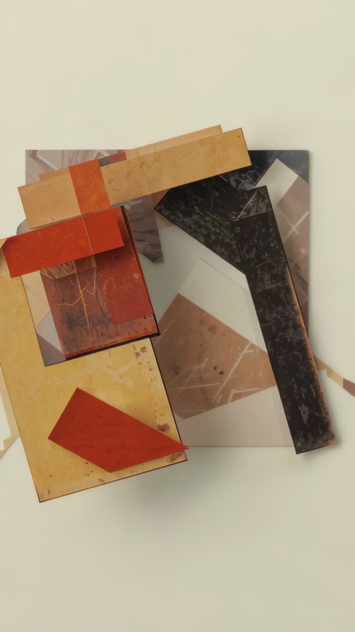 Vertical video: Rotating camera revealing sculpture on gallery wall, showing red wedge and tan bar