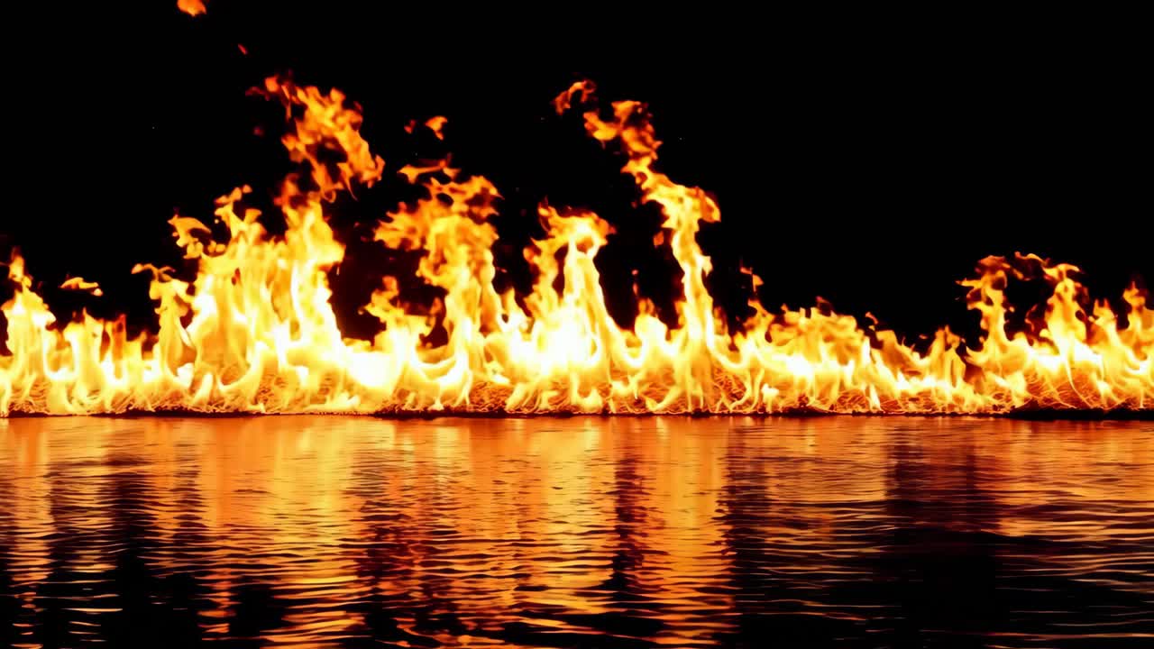 큰 불이 물 위에 어두운 곳에서 불타고 있다.