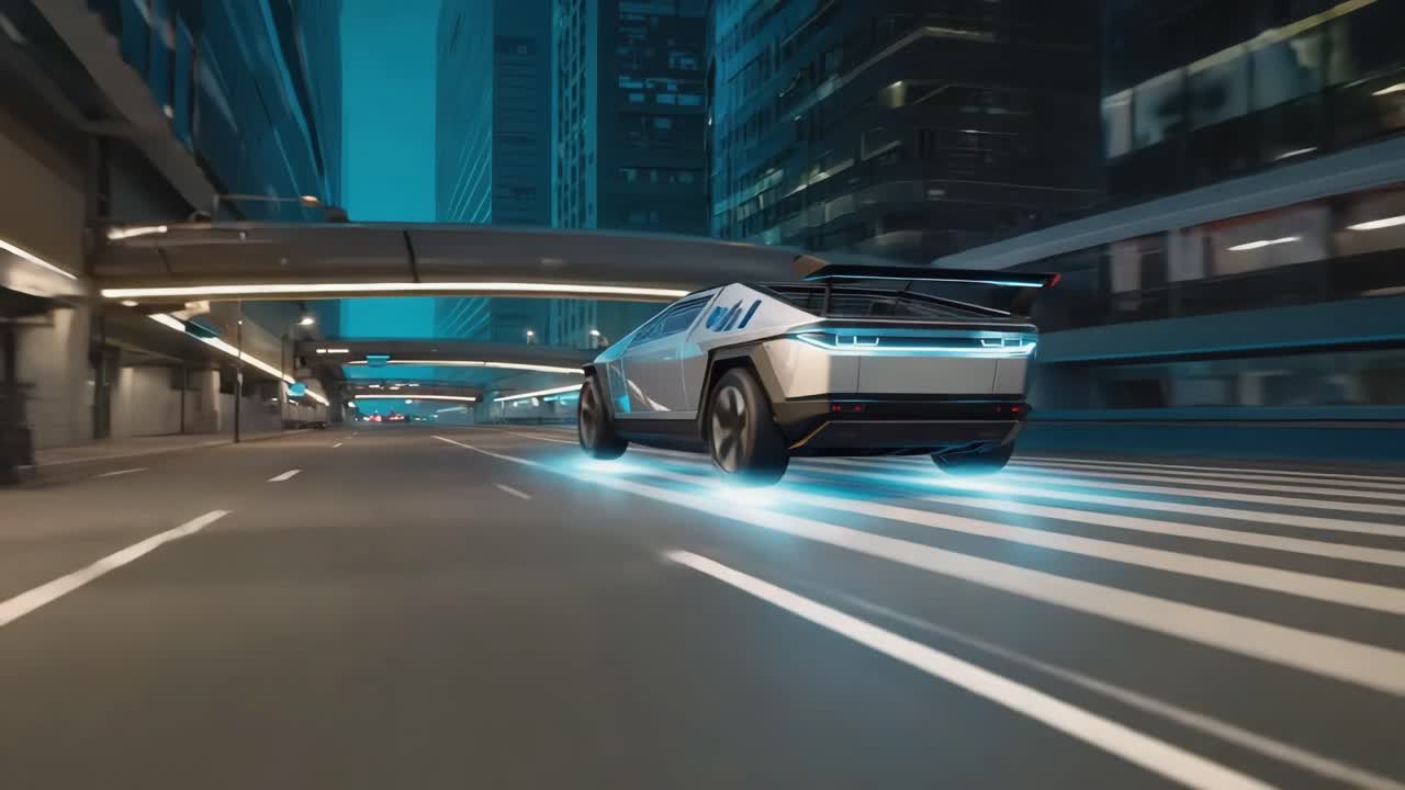 Futuristic Car Driving Through a Cyberpunk City at Night