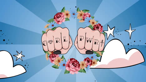 animación de texto niñas poder en los puños femeninos, sobre el cielo nocturno y las flores