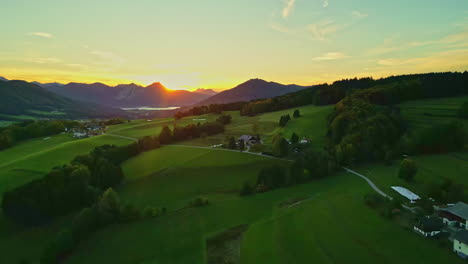 aerial view of beautiful nature, house in the mountains at sunrise