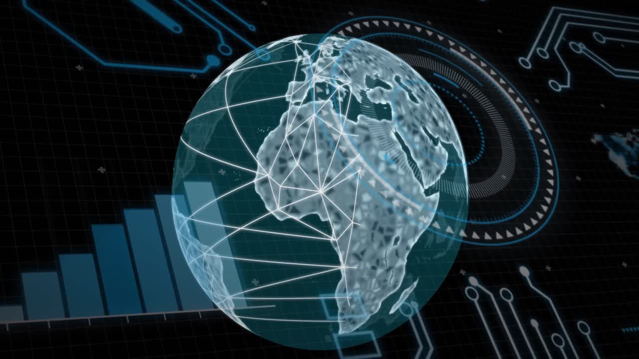 Animation of loading circles, graphs, globe and circuit board pattern over black background