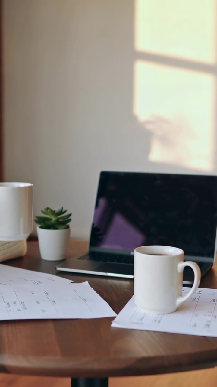 Video vertical: Persona inclinada con suéter color crema colocando una segunda taza blanca en una mesa en casa, haciendo una pausa.