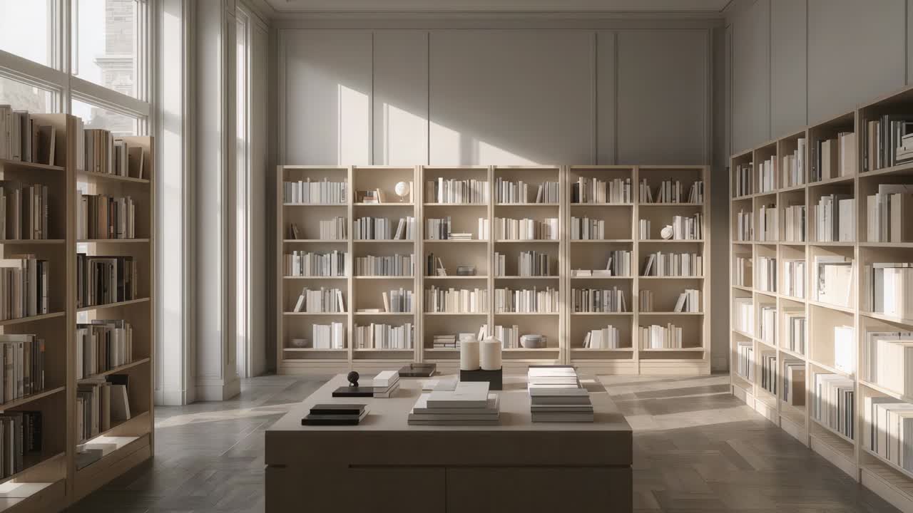 Sunlight shifting through windows across table with books and bookshelf in bookshop, marking time