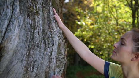 Frau-Verbindet-Sich-Mit-Einem-Alten-Baum,-Berührt-Und-Streichelt-Seine-Rinde,-Nahaufnahme