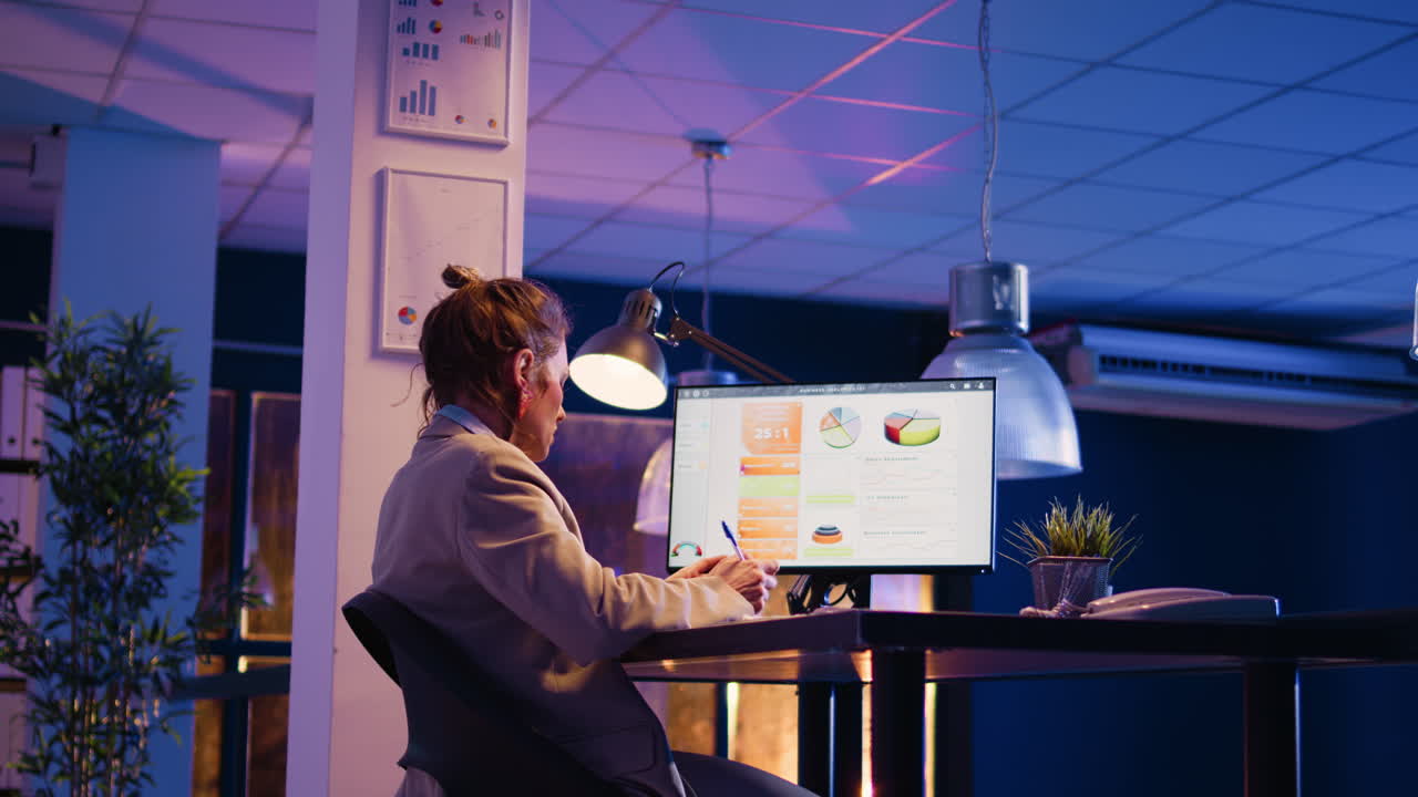 사무실에서 늦은 밤까지 일하는 여자