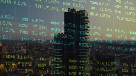 animación del procesamiento de datos financieros sobre el paisaje urbano