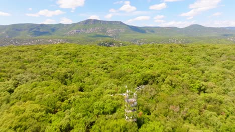 Aerial-establishing-shot-of-a-river-running-through-a-forest-in-Puéchabon