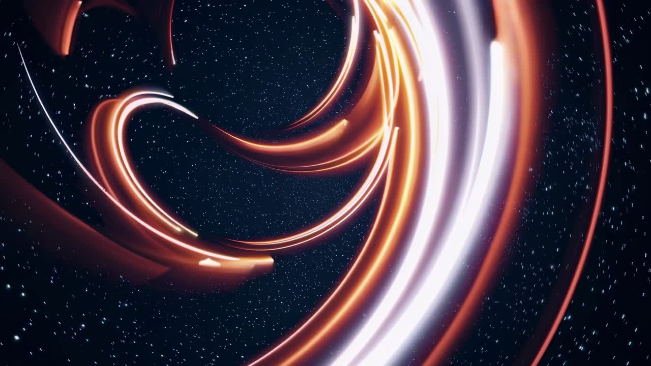 Dynamic video of swirling light trails in space, captured from a low-angle, creating a futuristic